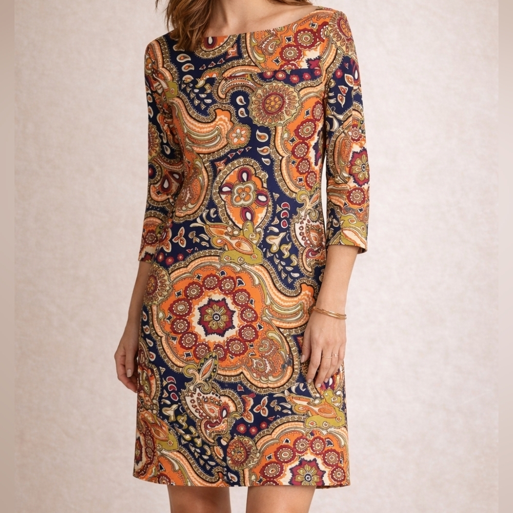 Jude Connally Paisley Sheath Dress XS 3/4 Sleeve Jude Cloth
